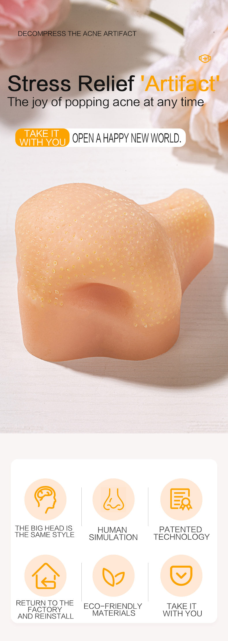 Stress Relief Toy - Portable Silicone Nose Model for Popping Blackheads, Whiteheads, and Strawberry Nose; Simulated Acne Squeezing to Relieve Pressure